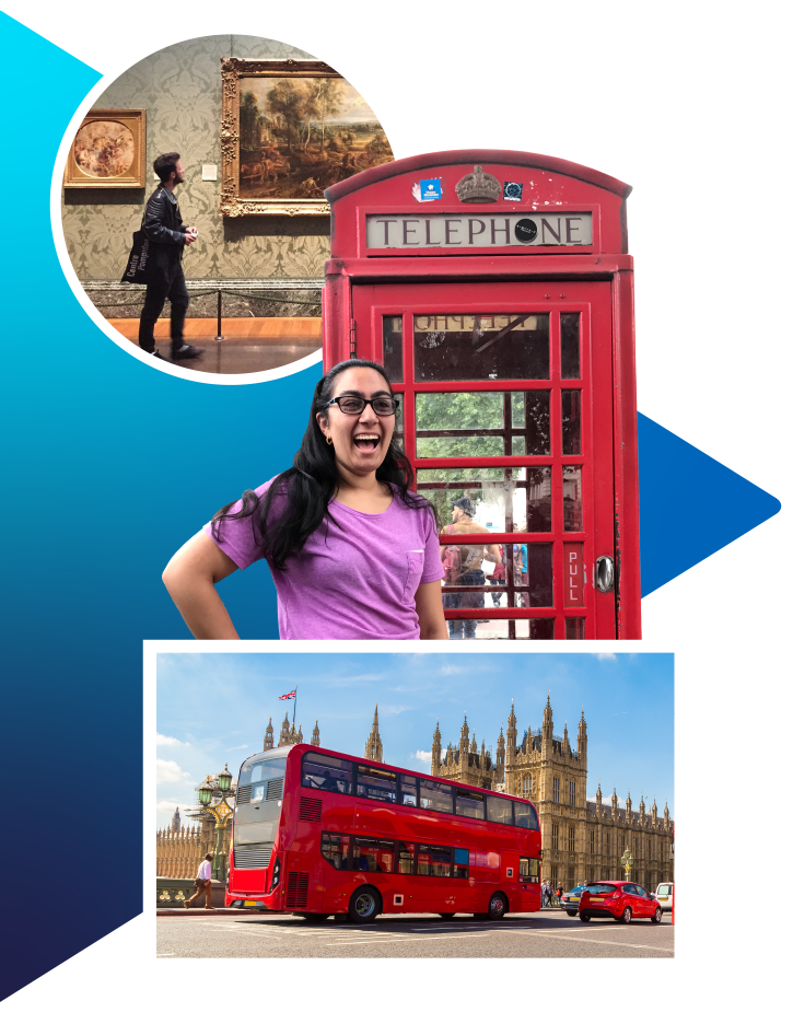 Collage: student in a museum, student by a phone booth, double-decker bus