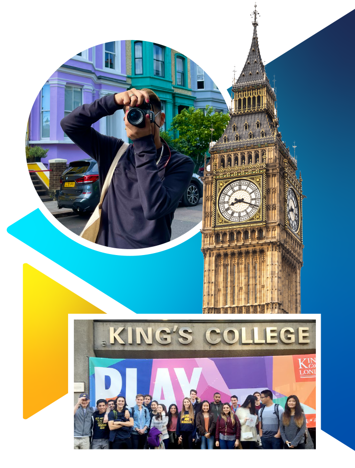 Collage: student taking a photo, Big Ben, and students by King's College