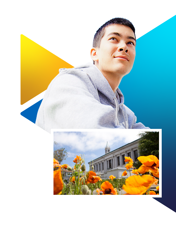 Student looking into distance and poppies with UC Berkeley buildings